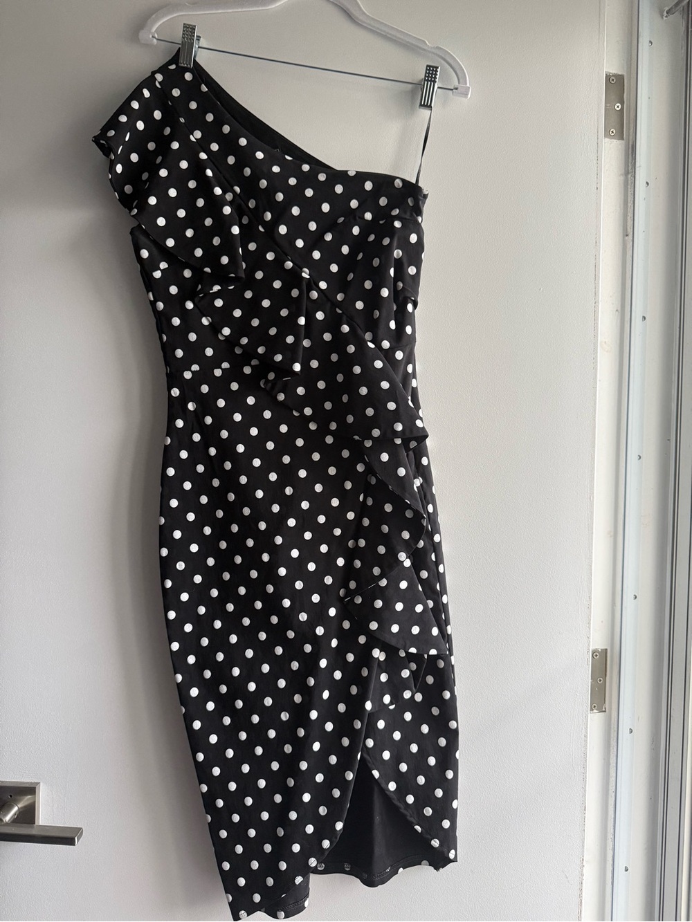 Lipsy  1-Shoulder Black & White Polka Dot Ruffle Dress